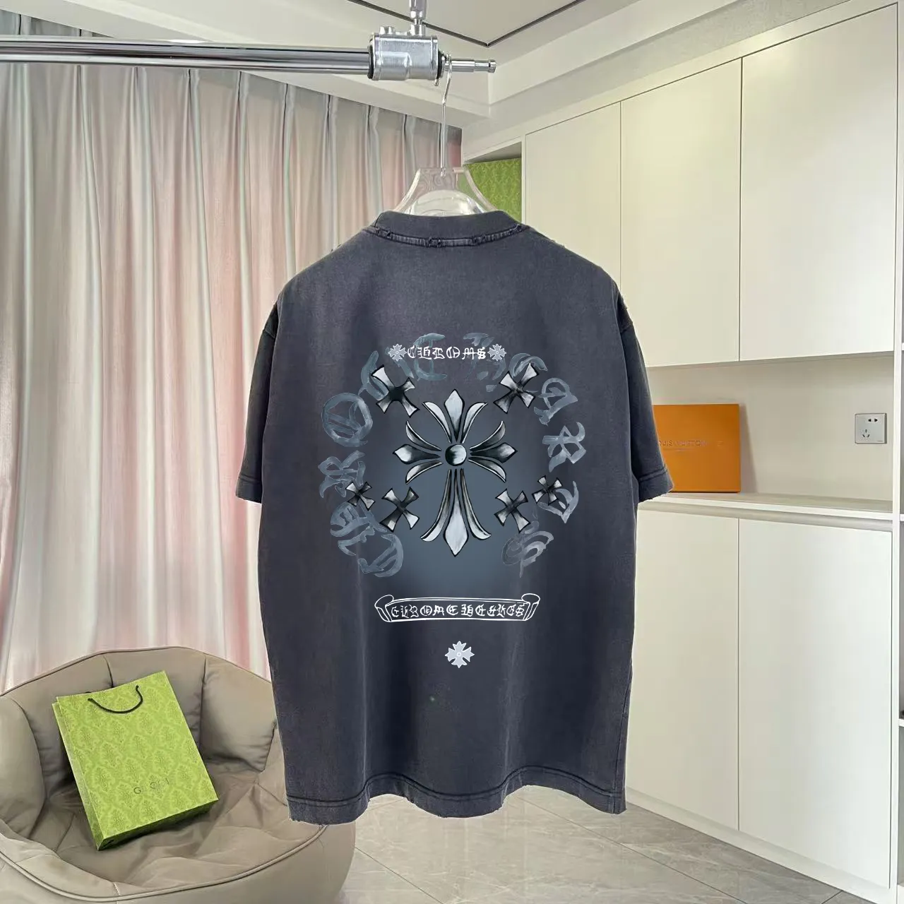 🅿️200 ch Crocodile* 2025 spring and summer new style, washed, worn, Sanskrit cross print, short-sleeved T-shirt, customized fabric 320g, same style for men and women, size: S M L XL XXL five codes, color: black gray